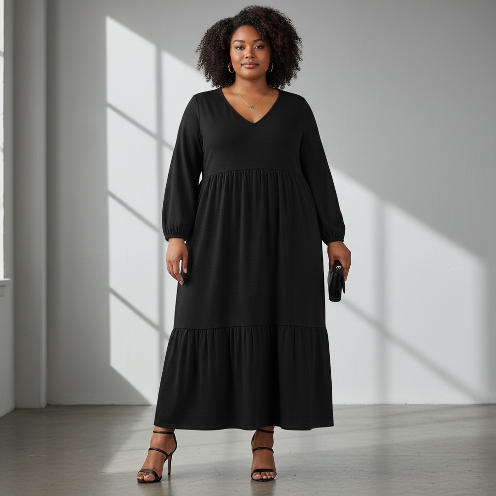 ASOS DESIGN Curve Black V Neck Tiered Midi Dress Size 16 NWT